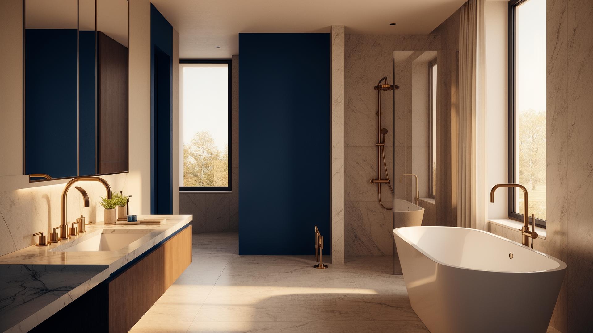 Modern luxury bathroom with brushed brass fixtures